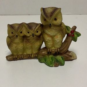 Vintage Porcelain Owl Family Christmas figurine Holly branch berry design